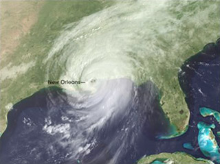Satellite image of Hurricane Katrina off the Gulf coast.