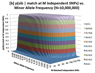 Graph providing evidence for confirming sibling relationship given matches at single nucleotide polymorphism loci.